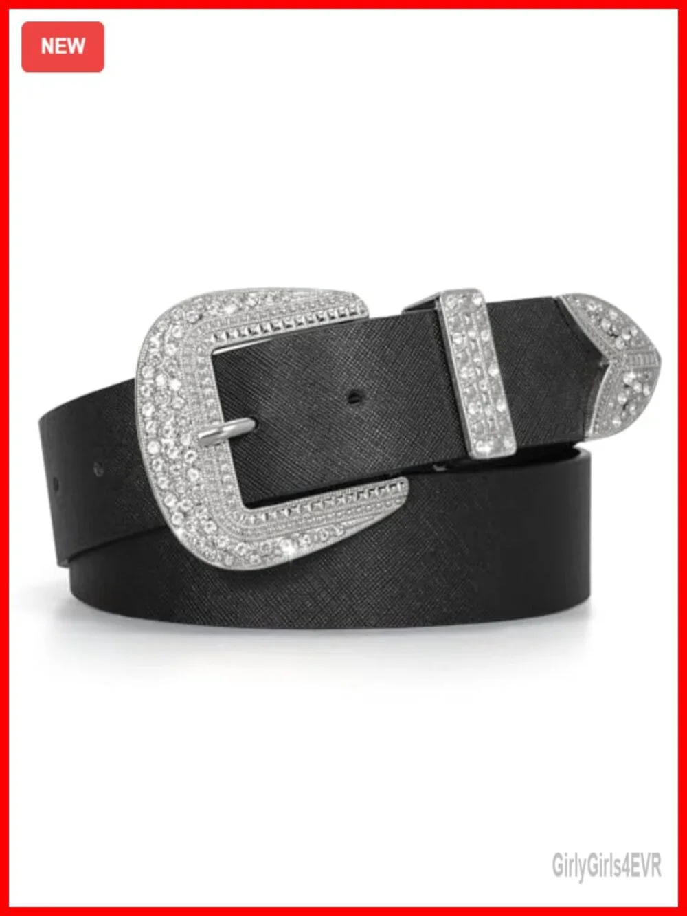 Western Belt with Rhinestone Buckle Faux Leather 1.5 Inch Waist Belt